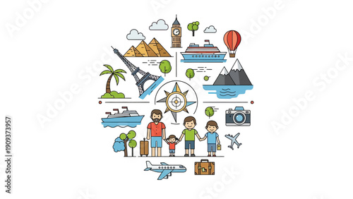 A flat-design illustration of a family surrounded by travel icons, centered on a compass