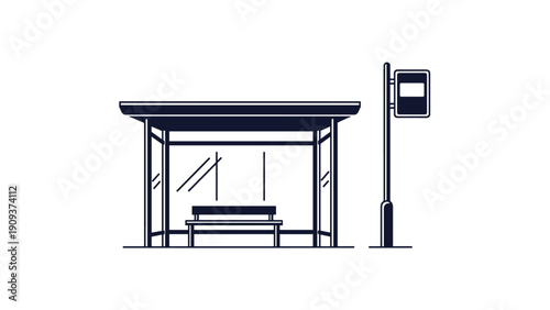 Simple black and white line drawing of a modern bus stop shelter with a bench and a signpost on a clean white background.