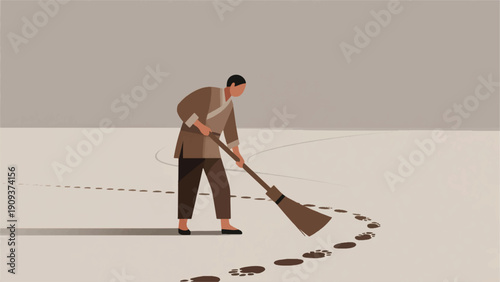 Illustration Of A Person Sweeping Footprints On The Ground Vector Design Template
