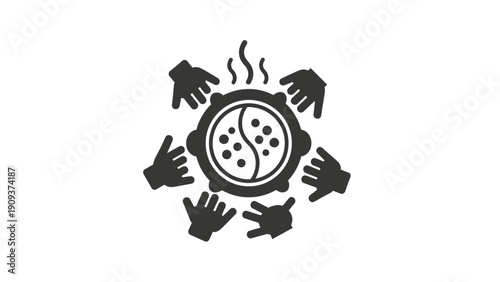 Black icon of hands around a bowl with dots, steam rises. White background