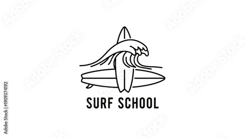 A black and white line art logo depicts a surfboard between wave and text "SURF SCHOOL