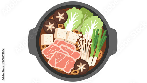Vector illustration of a simmering pot of Japanese hot pot with various ingredients