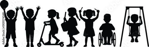 Kids silhouette set playing outdoor activities, children with ball, scooter, school bag, drum sticks, wheelchair and swing, black vector illustration isolated on white background