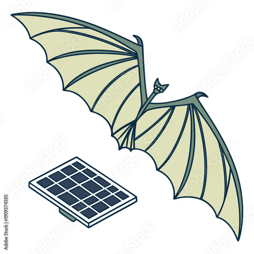 Green bat wings hovering over small solar panel