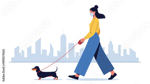 Young woman wearing a face mask walking her small dachshund dog in front of a blue city skyline silhouette.