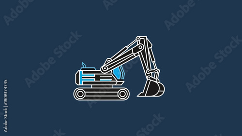 A minimalistic line art depiction of a construction excavator on a dark blue background