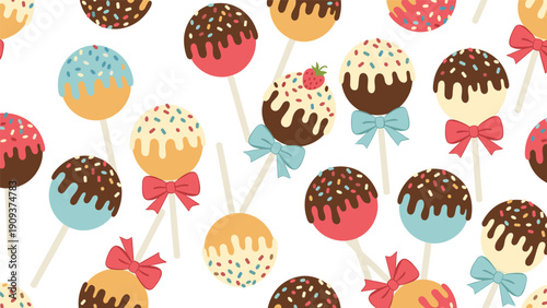 Seamless pattern background featuring colorful cake pops decorated with sprinkles, chocolate drizzle, and cute bows on white.