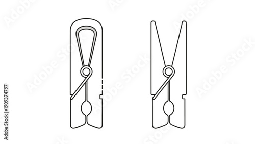 Simple black and white line art illustrations of a standard clothespin shown in both its closed and open positions on a plain background.