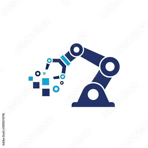 Blue industrial robotic arm with squares, abstracting technological processes