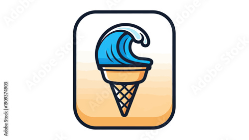 Cartoon icon features a blue ocean wave atop an ice cream cone in a rounded square