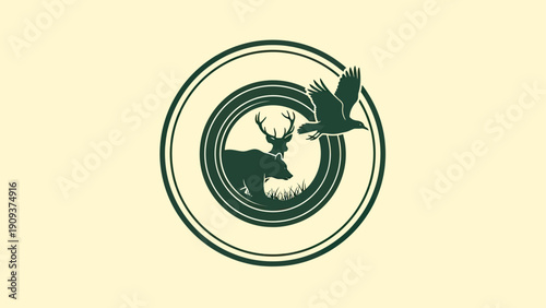 A circular emblem depicts wildlife bear, deer, and a bird within concentric rings