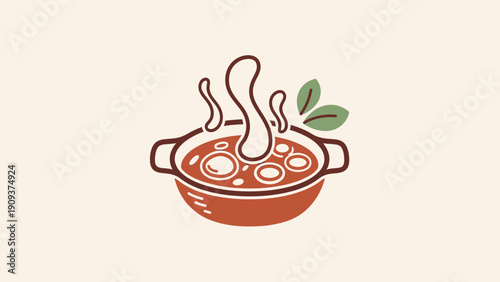 Stylized, cartoon-like illustration of a bowl of soup, with steam and leaves
