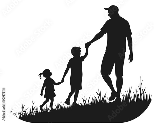 Father Holding Hands with Two Children Walking Uphill Silhouette kids
