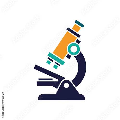 Vector illustration of a microscope in orange, teal, and navy on a white background