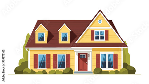Traditional two-story yellow house with a red roof, dormer windows, and lush green bushes on a white background.