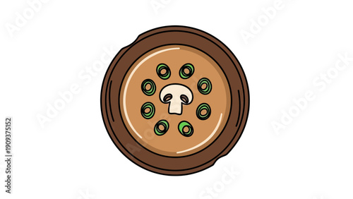 Cartoon-style illustration of a bowl of soup, with mushroom and green onion garnish