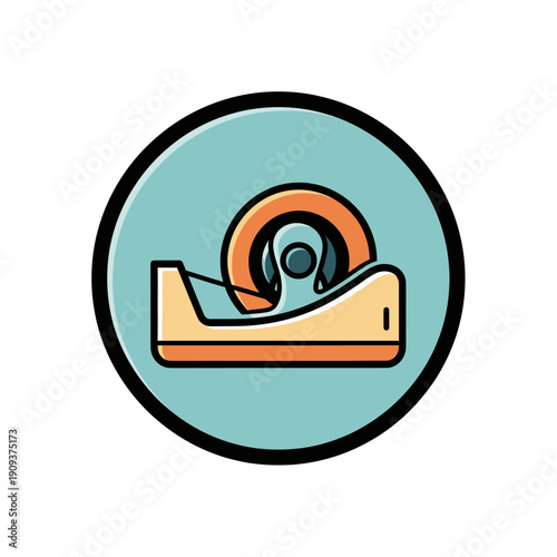 A teal circle houses a tape dispenser with orange and tan colors, all outlined in black
