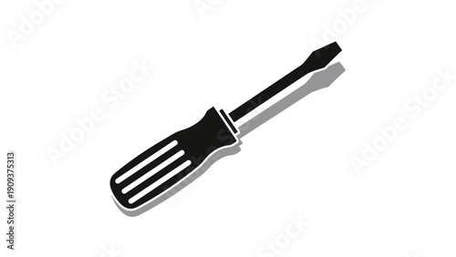 A black, flat-head screwdriver with shadow over a white background