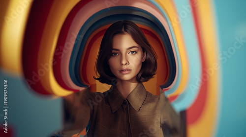 Wallpaper Mural A cinematic fashion portrait of a female model with modest clothing surrounded by layered colorful pop up design accents that appear to extend into the foreground. Her face is partially Torontodigital.ca