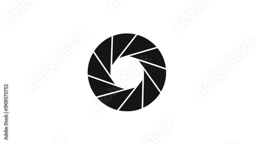Circular, black camera aperture on white background. Symbol of photography and lens