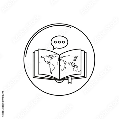 A black and white emblem of an open book with world map inside a circle, talk bubble above