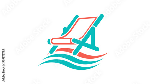 Abstract logo of a beach chair over water waves, in teal and coral colors, on a white background