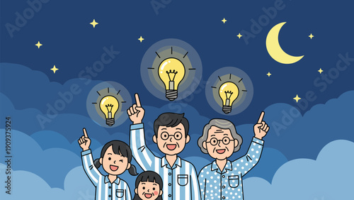 Family in pajamas standing under a starry night sky with glowing light bulbs over their heads representing creative ideas or thoughts.