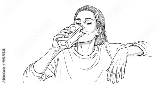 Woman drinking juice from carton in line art illustration on white background