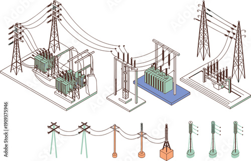 Electrical power grid illustration, transformer substation diagram, high voltage transmission towers, energy distribution system, engineering technical line drawing