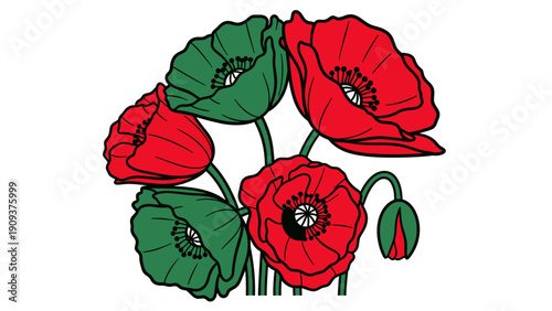 Graphic illustration of poppies in red and green with black outlines on white background