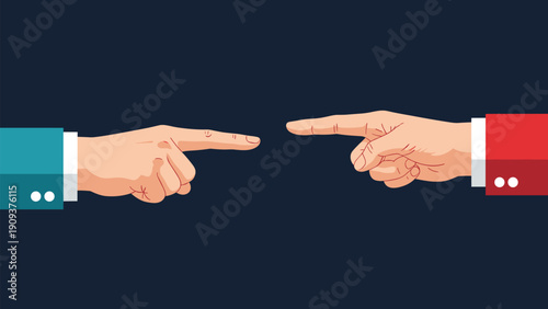 Close up of two human hands pointing their index fingers at each other from opposite sides against a dark blue background.