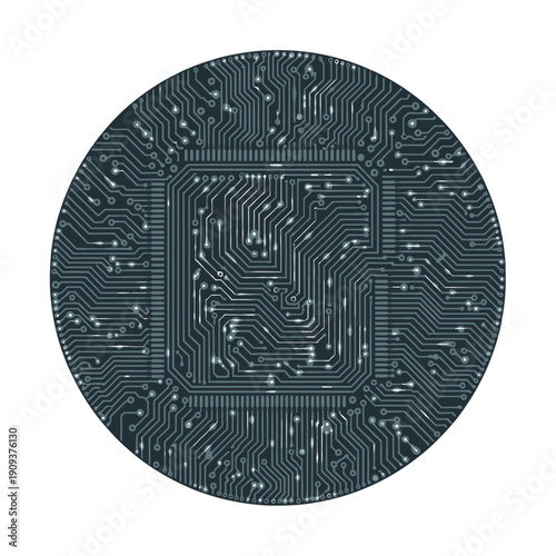 A circuit board design in a circular shape featuring a complex network of pathways and connections