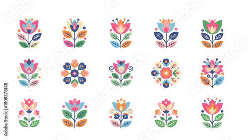 Quadro em tela Floral illustration geometric art design featuring blooming colorful spring flowers in symmetrical folk patterns for modern decorative applications