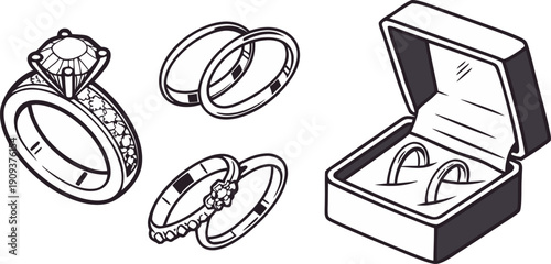A collection of various wedding rings and engagement ring illustrations, rendered in a hand-drawn, sketch style. The image is composed of several individual elements arranged across a white background
