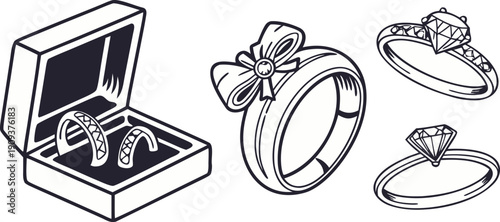 A collection of various wedding rings and engagement ring illustrations, rendered in a hand-drawn, sketch style. The image is composed of several individual elements arranged across a white background