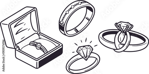 A collection of various wedding rings and engagement ring illustrations, rendered in a hand-drawn, sketch style. The image is composed of several individual elements arranged across a white background
