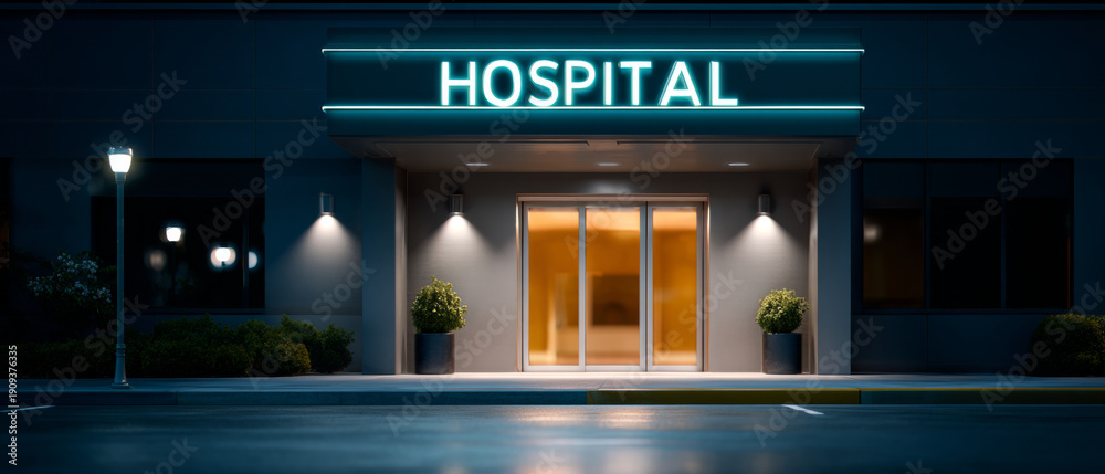 Obraz premium Night view of hospital entrance with illuminated sign and automatic sliding doors under soft exterior lighting