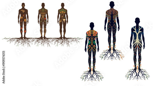 Silhouette people with multicultural ethnic body art and tree roots symbolizing diverse human identity unity and global cultural connection.
