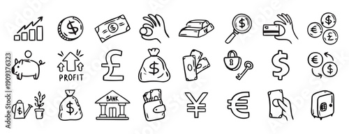 Hand-drawn finance and money icons set, showcasing currency, banking, profit, savings, and investment concepts in a doodle sketch style