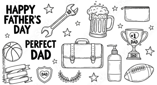 Monochrome hand-drawn vector doodle set celebrating Father's Day, featuring dad-related hobbies, gifts, and recognition symbols as outline illustrations