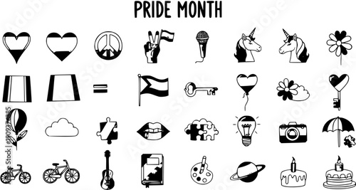 LGBTQ Pride Month Black and White Line Art Icons Set. Hand drawn doodle glyph symbols for love, equality, diversity, and celebration.