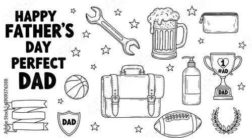 Monochrome line art illustration set featuring diverse fatherhood symbols and celebratory items, perfect for Father's Day greetings, masculine design projects, and gift-giving concepts