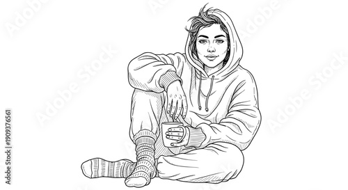 Woman in hoodie sitting with mug in line art illustration on white background