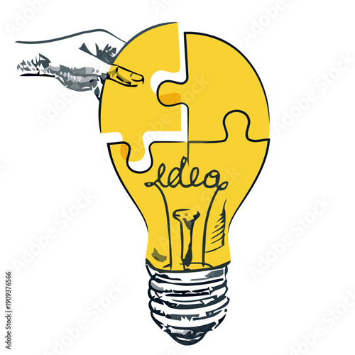 A hand places the final puzzle piece into a lightbulb shape, symbolizing the completion of a brilliant idea and innovation