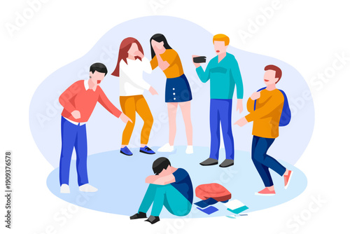 Vector illustration capturing the serious issue of bullying, showing a vulnerable person experiencing harassment from a group, highlighting social isolation and emotional distress