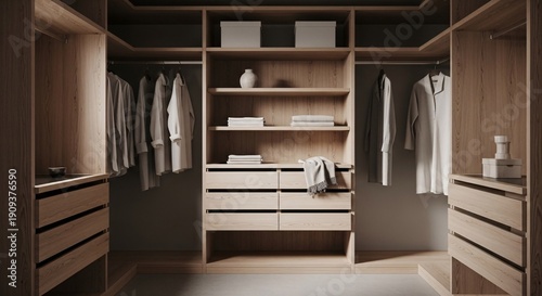 Modern minimalist walk-in closet interior with light wood cabinetry, organized shelves, and hanging clothes, showcasing contemporary home storage and elegant design for a tranquil living space