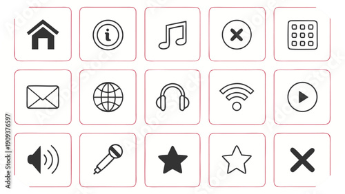 Grid of black and white outline icons with red borders on a white background symbols graphics