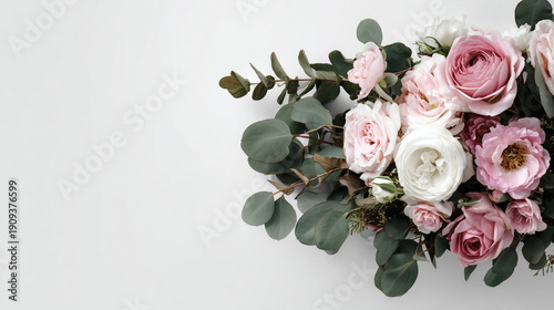 Pink Rose Bouquet with Eucalyptus on Light Background for Wedding and Romantic Design