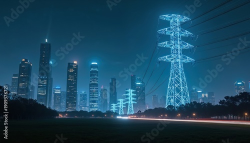 Neon blue transmission towers loom over a dark city skyline at night. High voltage powerlines connect illuminated skyscrapers. Energy grid infrastructure fuels urban development.
