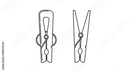 Set of two clothespins in black and white line art showing the front and side views of the spring mechanism for laundry drying.